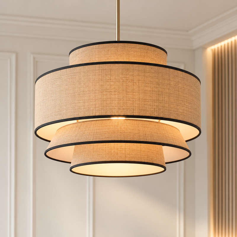 Contemporary LED Rattan Pendant Lights tiered round natural woven pendant light with black trim glowing against a white panelled wall
