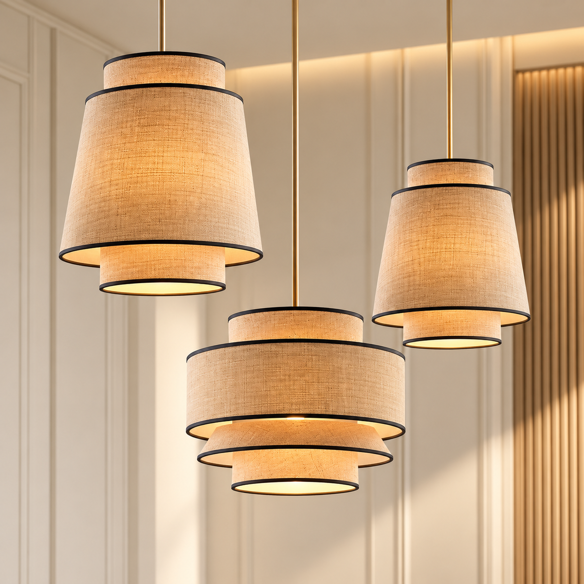 Contemporary LED Rattan Pendant Lights cone and round tiered natural woven pendant lights with black trim glowing in a bright panelled room