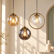 Contemporary Metal Ring Glass Pendant Lights trio in Amber, Grey and Transparent