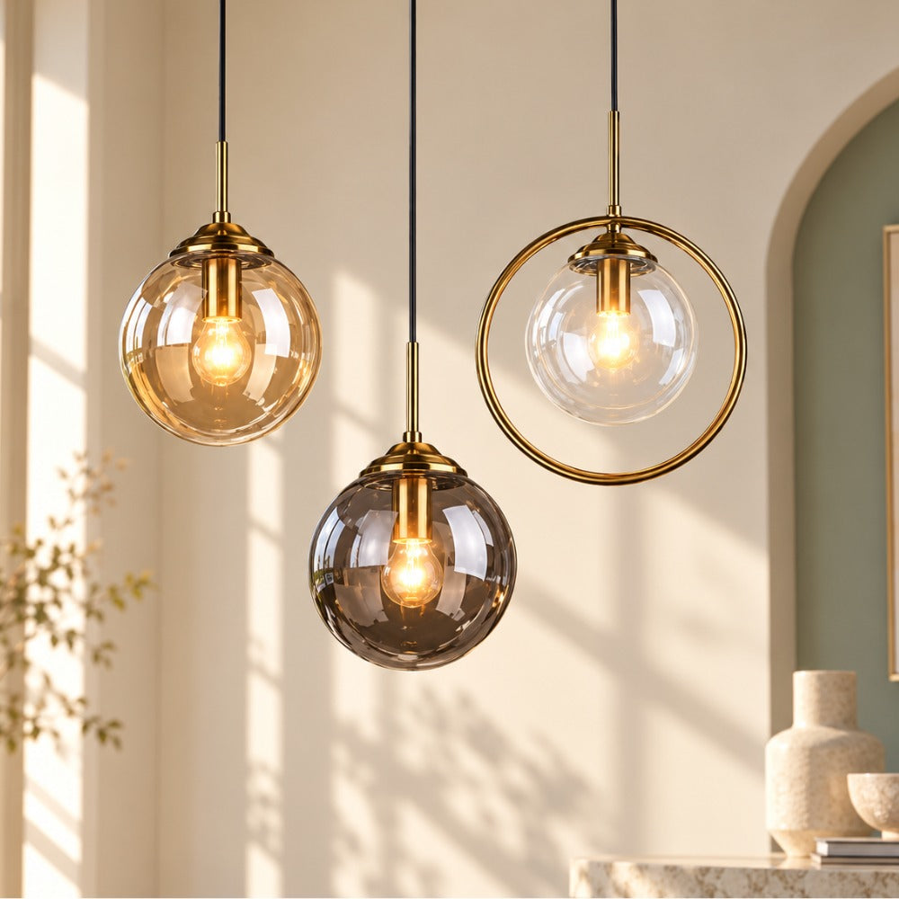 Contemporary Metal Ring Glass Pendant Lights trio in Amber, Grey and Transparent