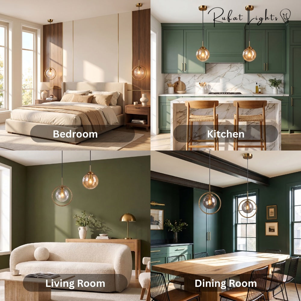 Contemporary Metal Ring Glass Pendant Lights shown in a bedroom, kitchen, living room and dining room