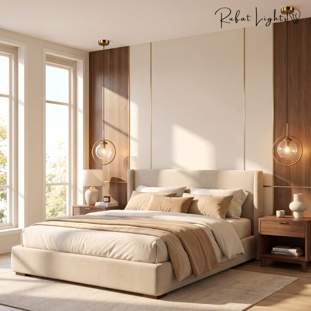 Contemporary Metal Ring Glass Pendant Lights beside a bed