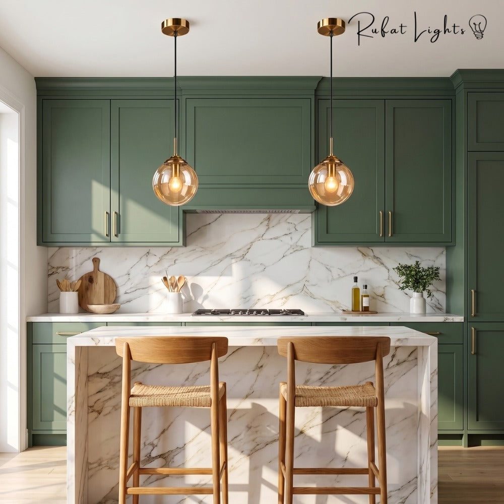 Contemporary Metal Ring Glass Pendant Lights pair over a kitchen island