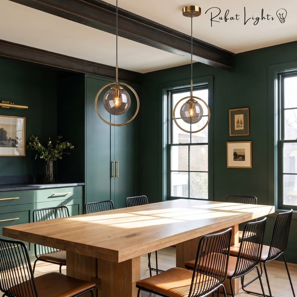 Contemporary Metal Ring Glass Pendant Lights over a dining table