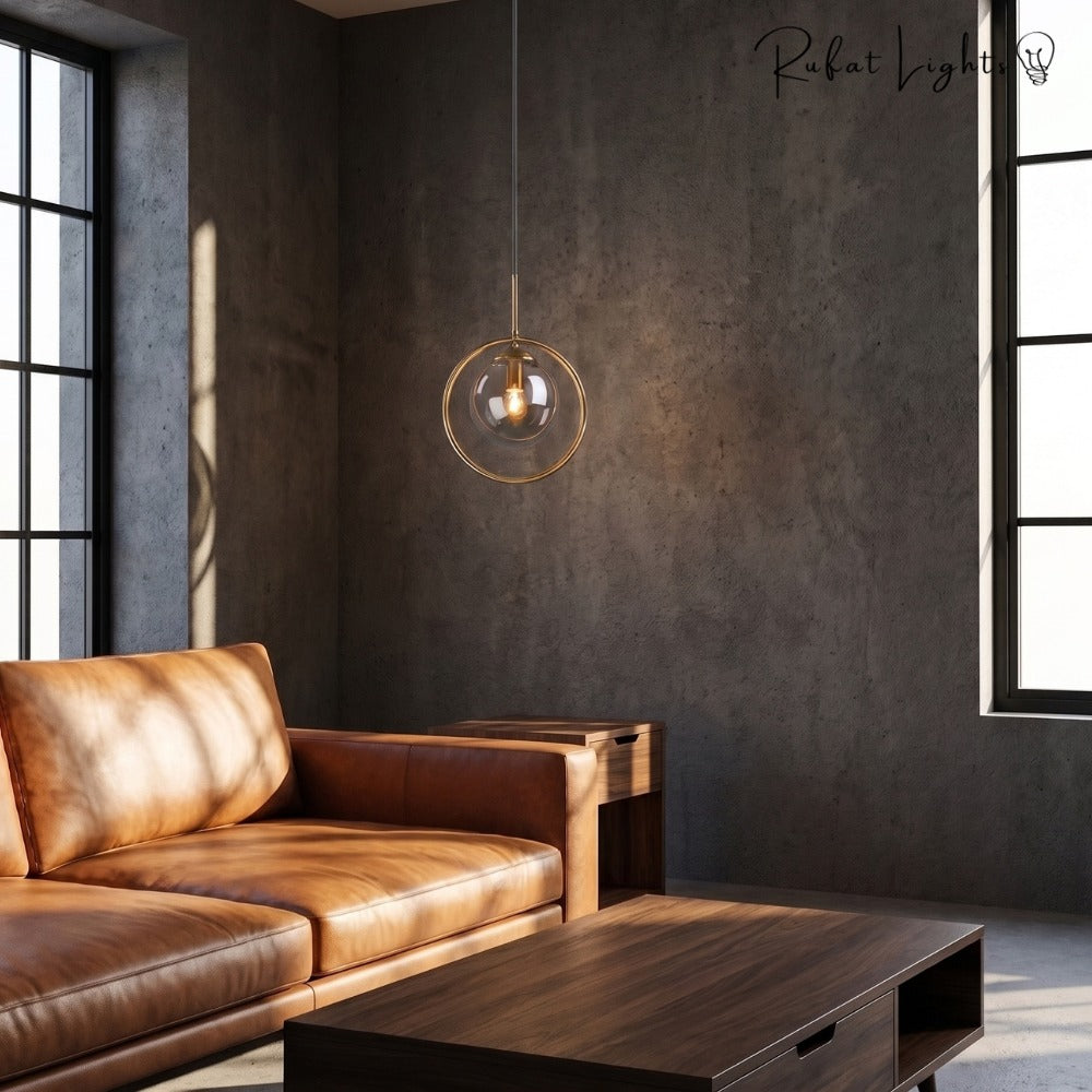 Contemporary Metal Ring Glass Pendant Lights Grey beside a leather sofa