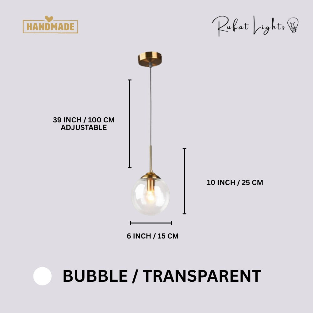 Contemporary Metal Ring Glass Pendant Lights Bubble Transparent dimensions: 6 in (15 cm) wide, 10 in (25 cm) high, 39 in (100 cm) adjustable hanging length