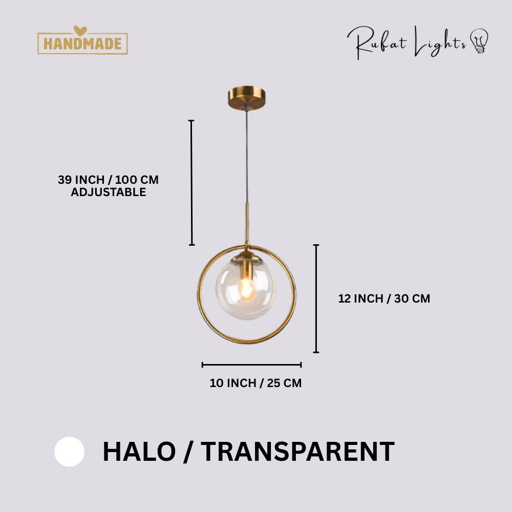 Contemporary Metal Ring Glass Pendant Lights Halo Transparent dimensions: 10 in (25 cm) wide, 12 in (30 cm) high, 39 in (100 cm) adjustable hanging length