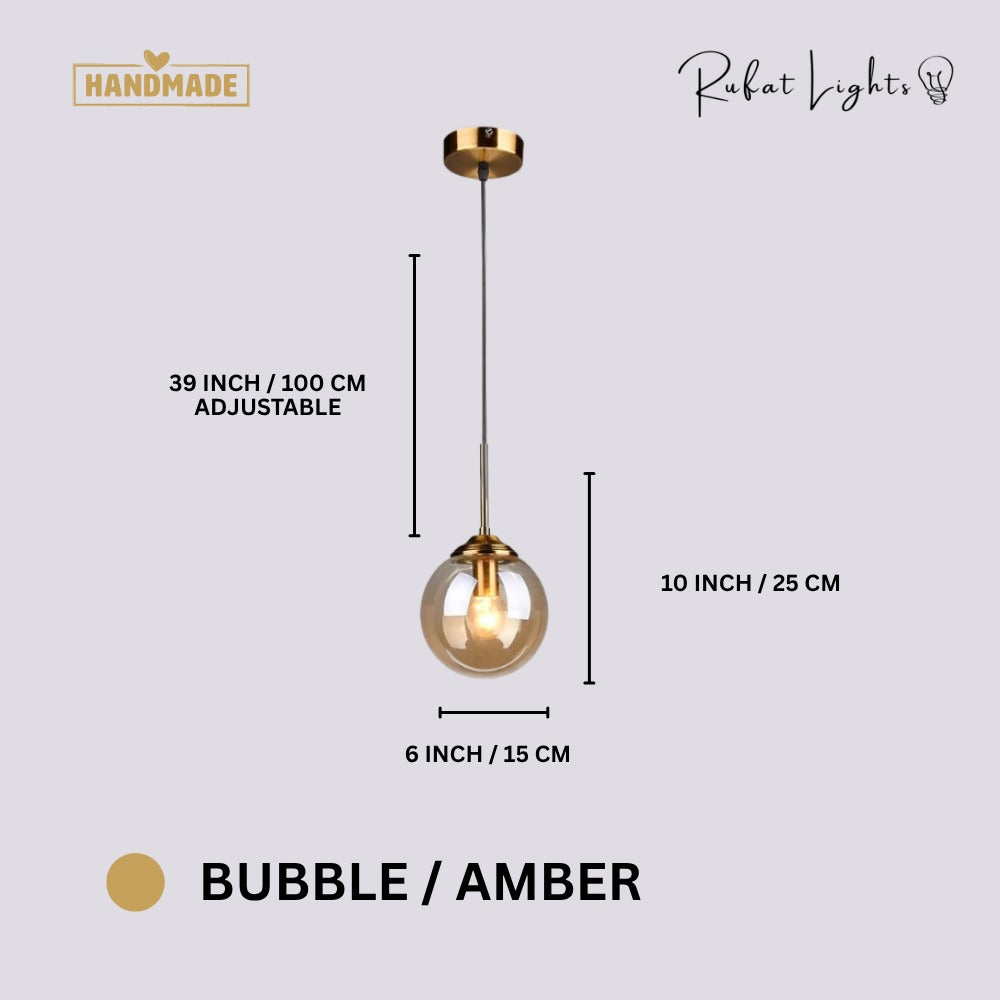 Contemporary Metal Ring Glass Pendant Lights Bubble Amber dimensions: 6 in (15 cm) wide, 10 in (25 cm) high, 39 in (100 cm) adjustable hanging length