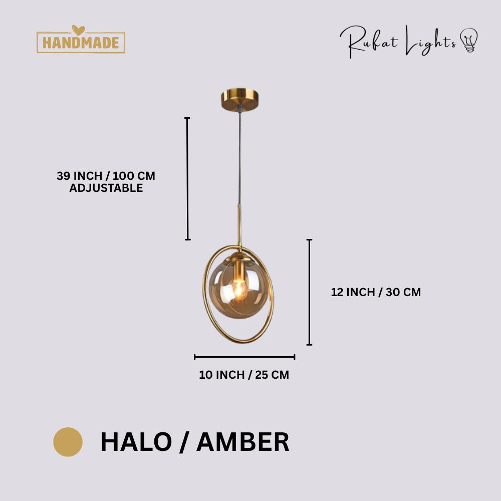 Contemporary Metal Ring Glass Pendant Lights Halo Amber dimensions: 10 in (25 cm) wide, 12 in (30 cm) high, 39 in (100 cm) adjustable hanging length