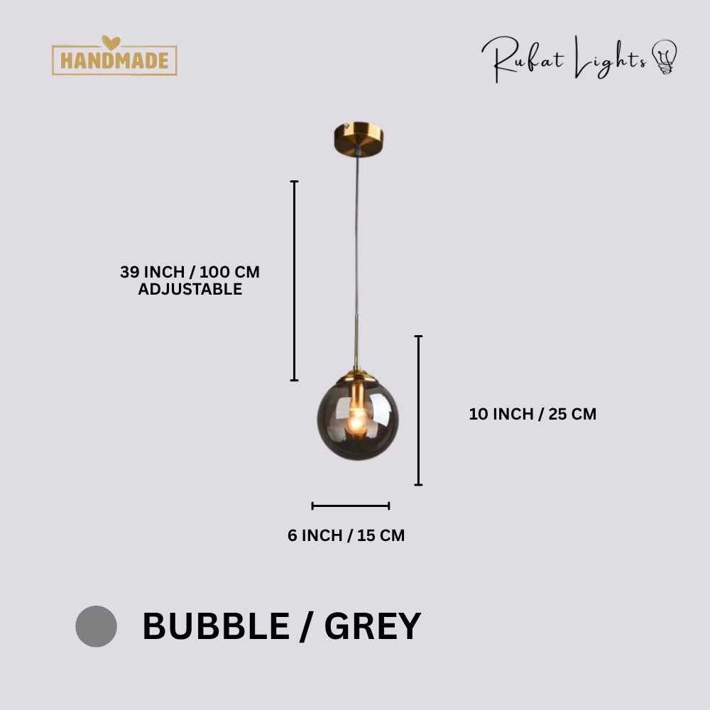 Contemporary Metal Ring Glass Pendant Lights Bubble Grey dimensions: 6 in (15 cm) wide, 10 in (25 cm) high, 39 in (100 cm) adjustable hanging length
