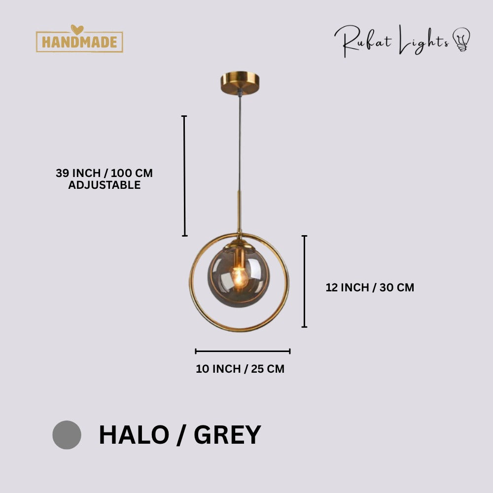 Contemporary Metal Ring Glass Pendant Lights Halo Grey dimensions: 10 in (25 cm) wide, 12 in (30 cm) high, 39 in (100 cm) adjustable hanging length