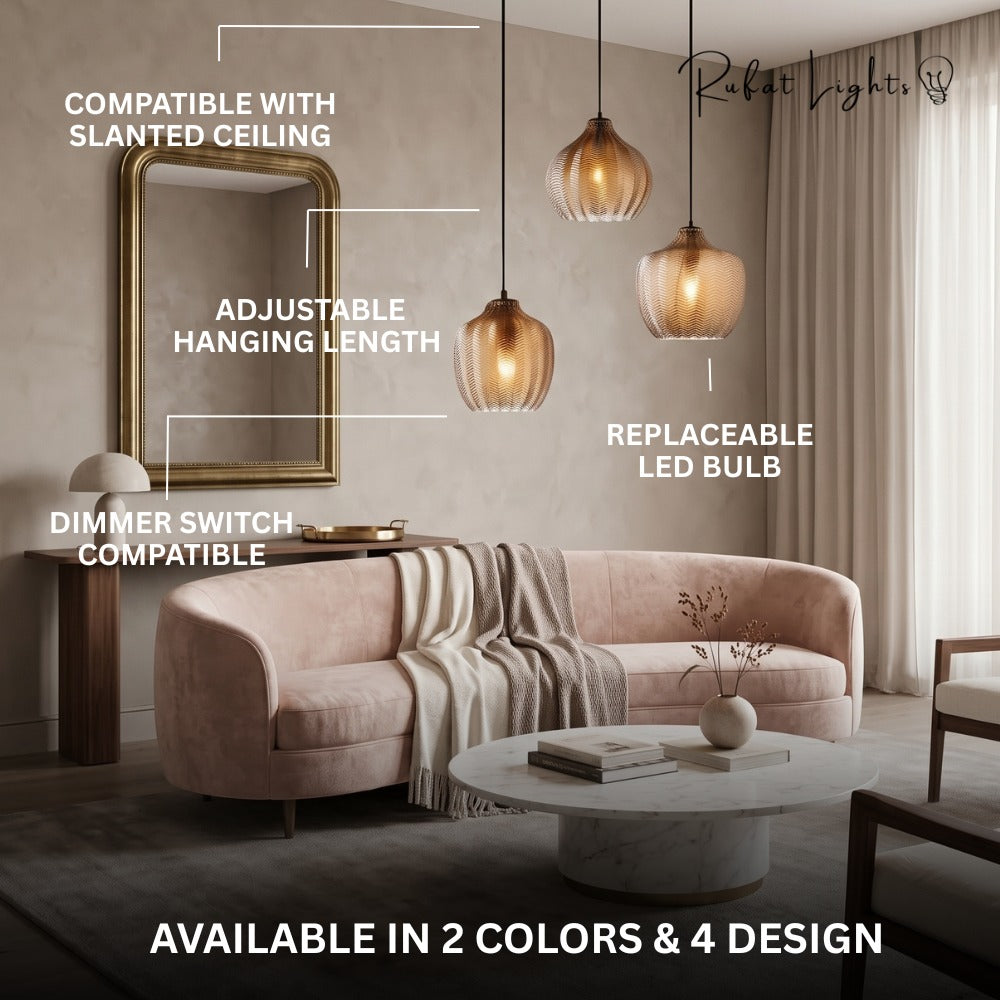 Contemporary Zigzag Glass Pendant Light features: compatible with slanted ceiling, adjustable hanging length, dimmer switch compatible, replaceable LED bulb, available in 2 colors and 4 designs