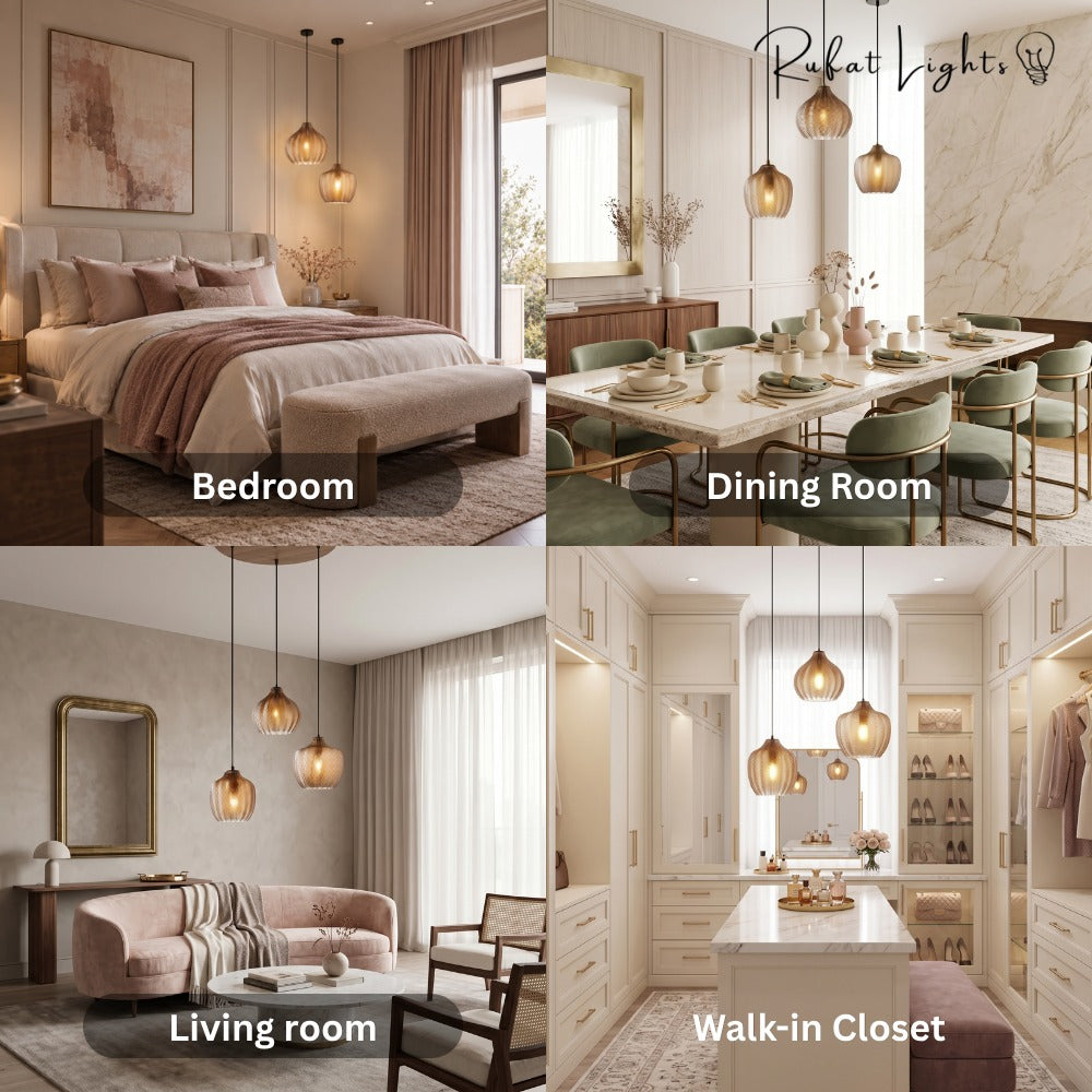 Contemporary Zigzag Glass Pendant Light shown in bedroom, dining room, living room and walk-in closet settings