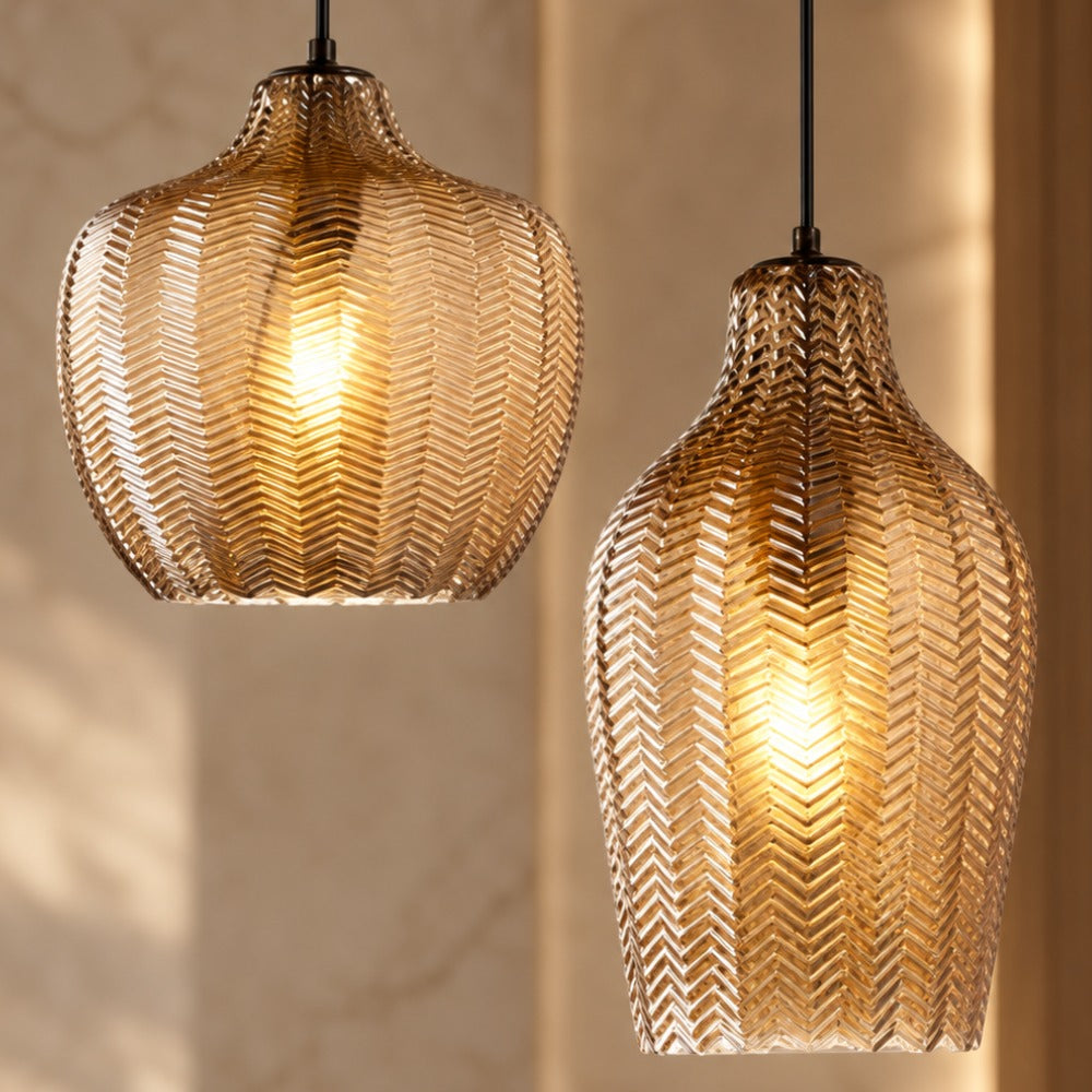 Contemporary Zigzag Glass Pendant Light close-up of two amber glass shades