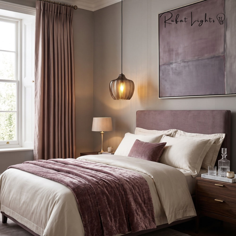 Contemporary Zigzag Glass Pendant Light beside the bed in a bedroom with plum bedding