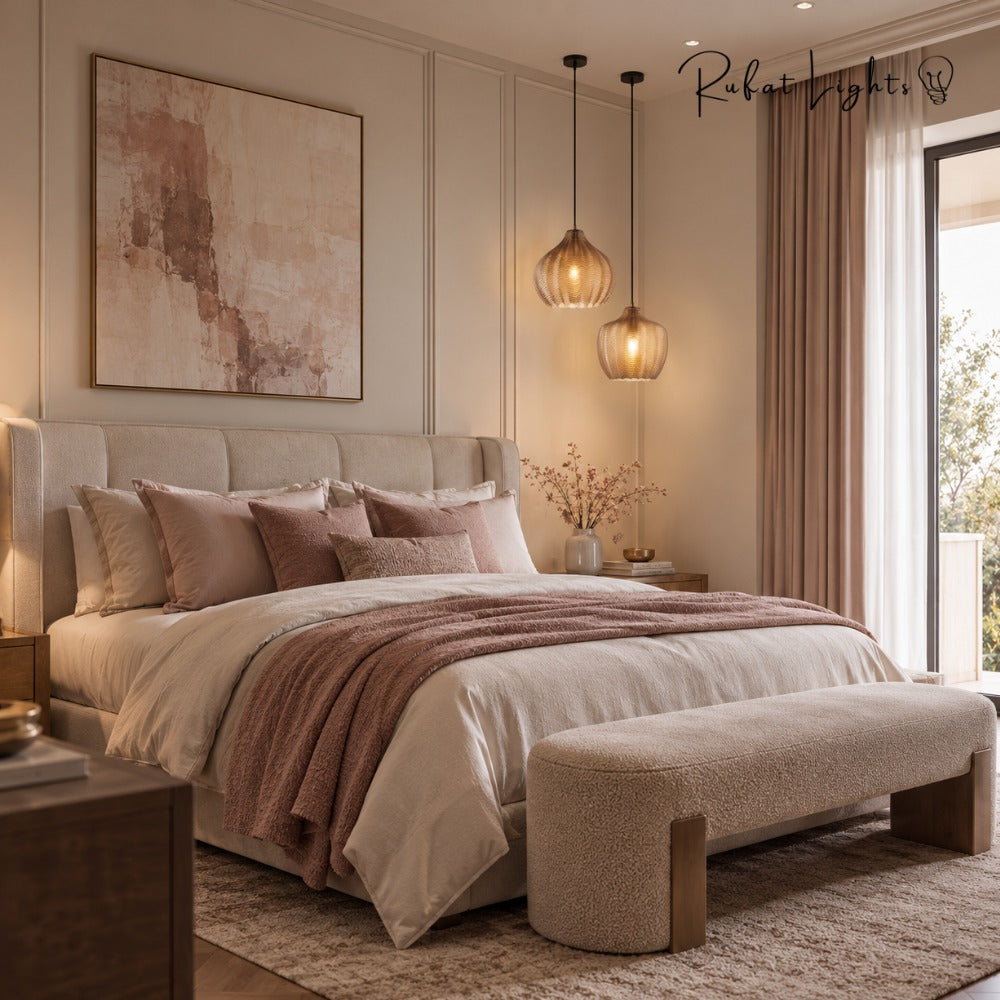 Contemporary Zigzag Glass Pendant Light pair above a bed in a cream and pink bedroom
