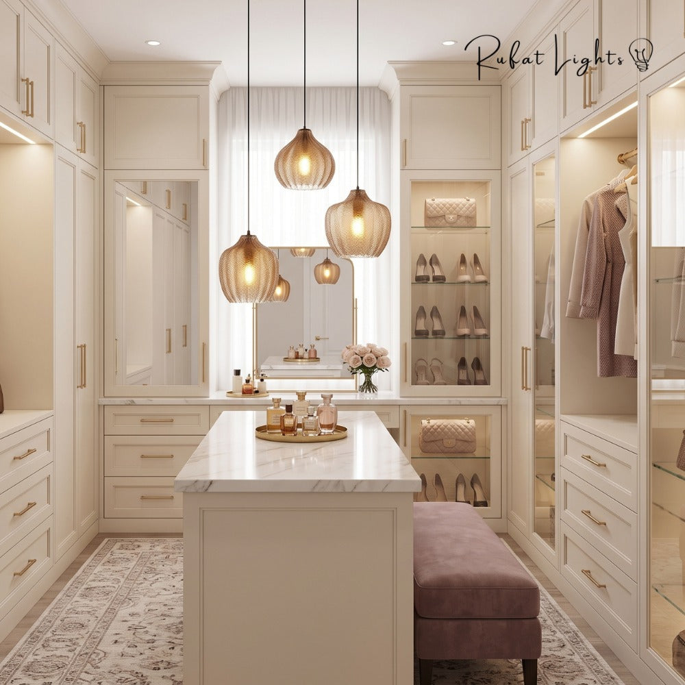 Contemporary Zigzag Glass Pendant Light cluster above the island in a walk-in closet
