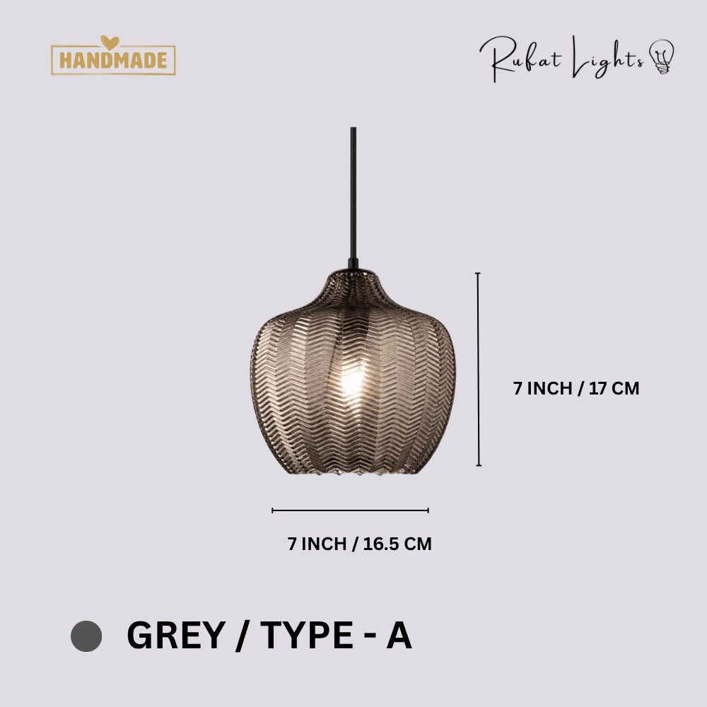 Contemporary Zigzag Glass Pendant Light Grey Type-A dimensions: 7 in (16.5 cm) wide, 7 in (17 cm) high