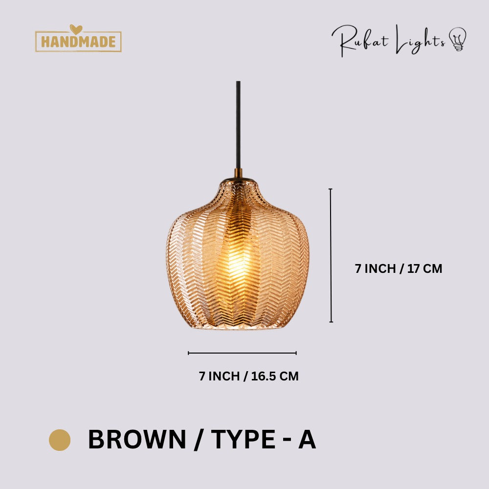 Contemporary Zigzag Glass Pendant Light Brown Type-A dimensions: 7 in (16.5 cm) wide, 7 in (17 cm) high