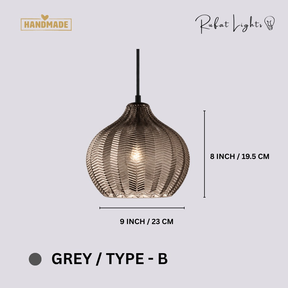 Contemporary Zigzag Glass Pendant Light Grey Type-B dimensions: 9 in (23 cm) wide, 8 in (19.5 cm) high