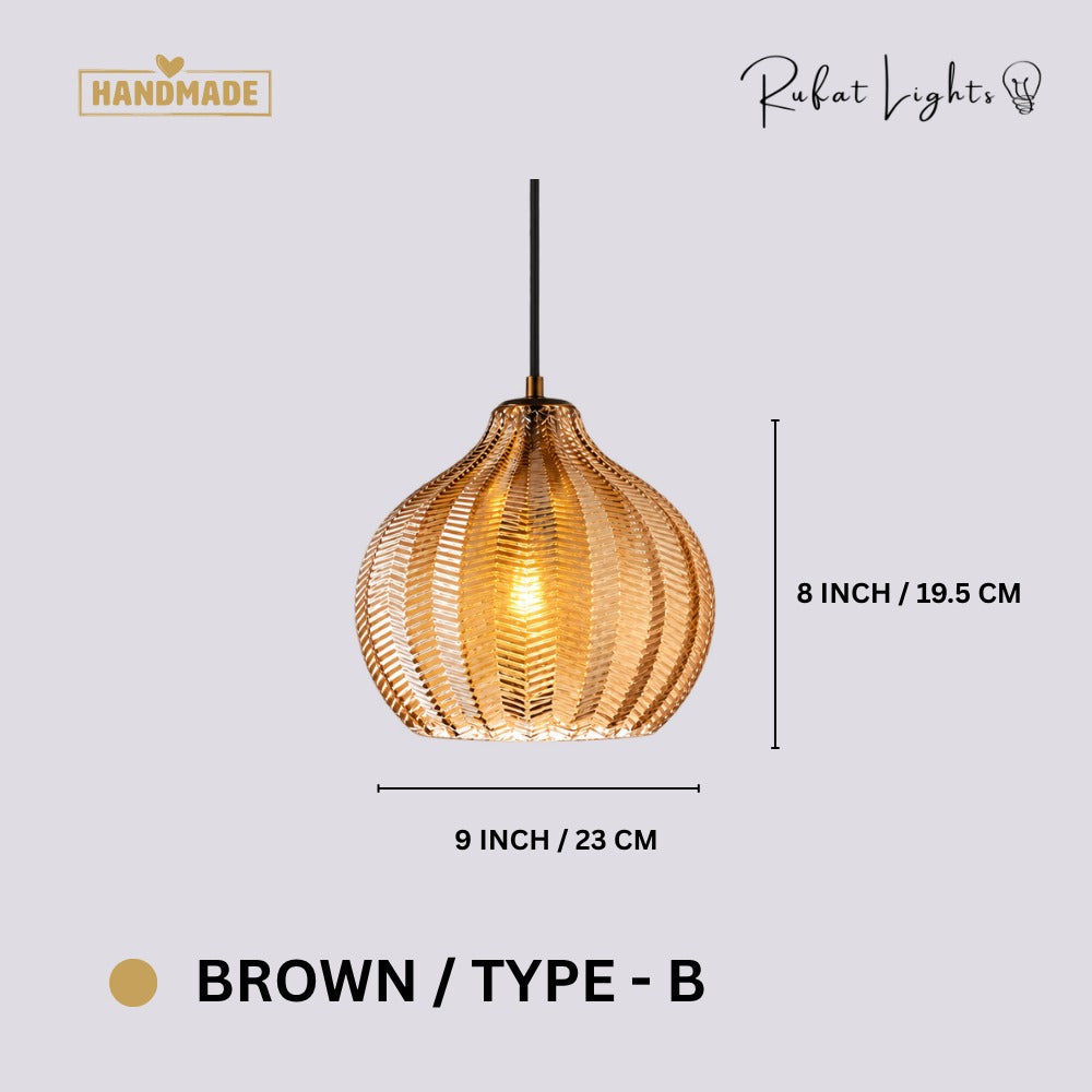 Contemporary Zigzag Glass Pendant Light Brown Type-B dimensions: 9 in (23 cm) wide, 8 in (19.5 cm) high