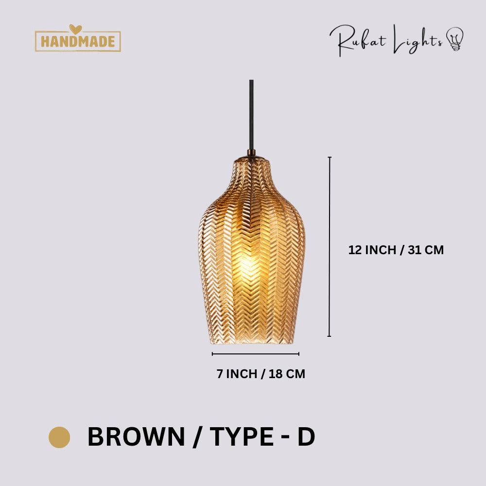 Contemporary Zigzag Glass Pendant Light Brown Type-D dimensions: 7 in (18 cm) wide, 12 in (31 cm) high