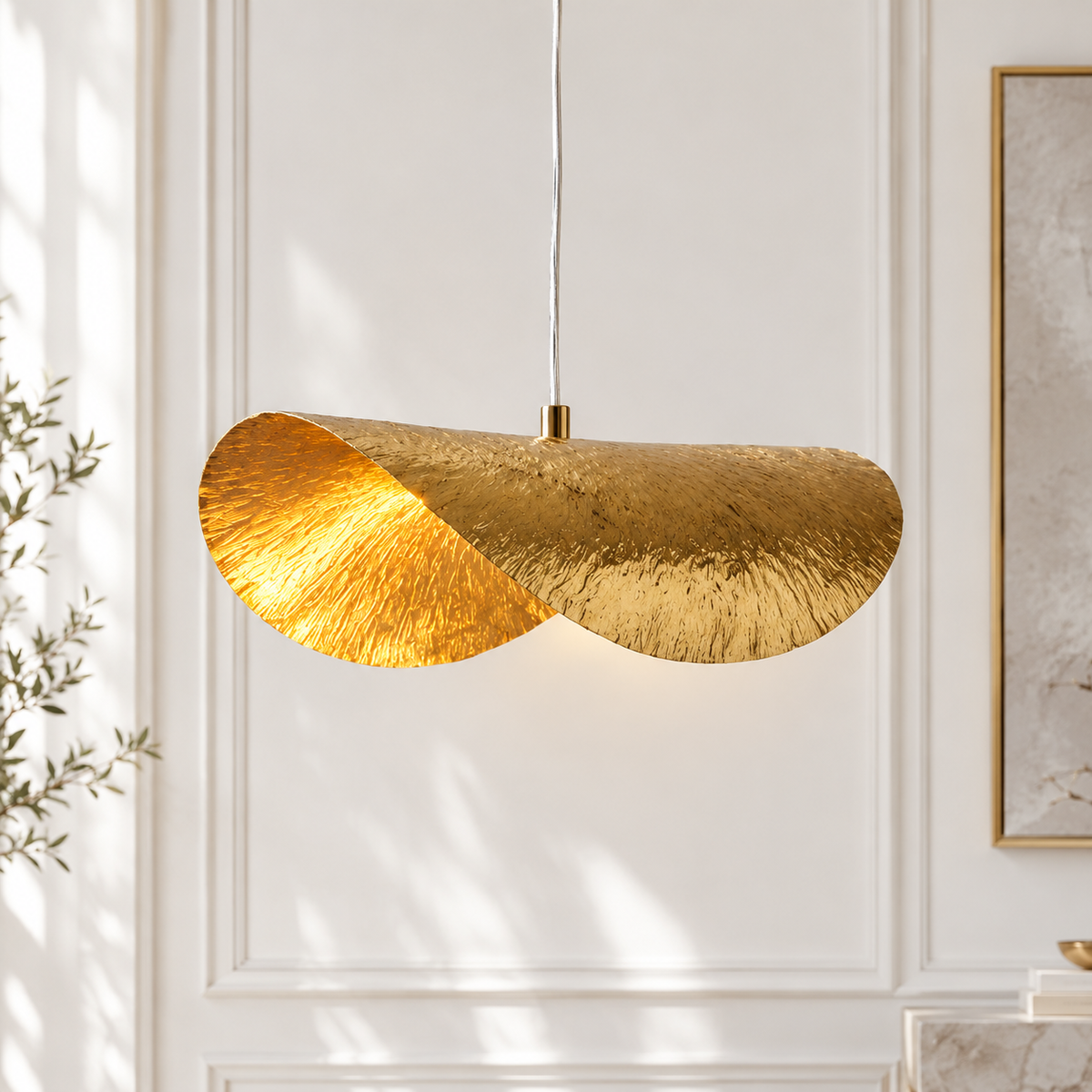 Copper Lotus Grace Nordic Pendant Lamp hammered gold copper lotus leaf pendant lamp glowing against a white panelled wall
