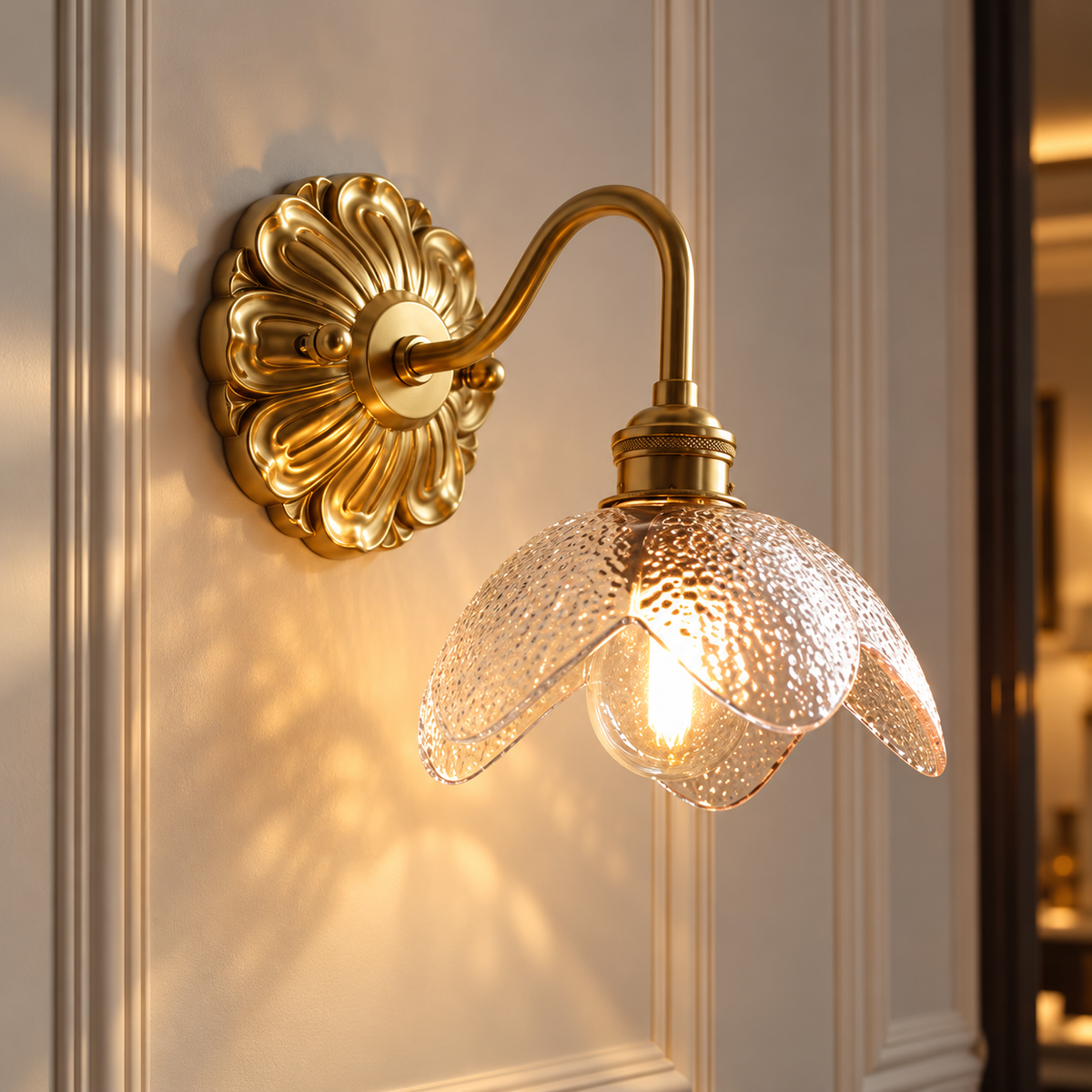 Copper Wandlamp Sconce Glass Wall Light gold wall sconce with clear flower glass shade glowing against a cream wall
