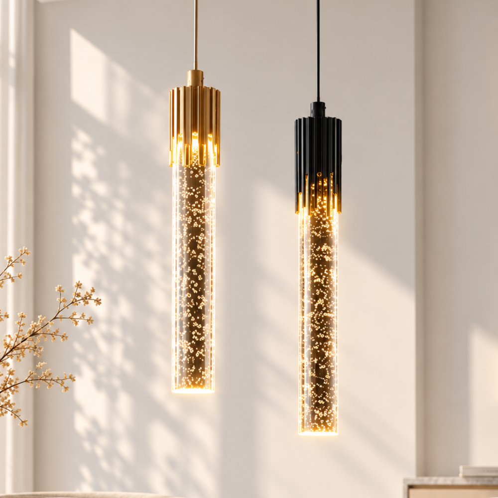 Crystal Radiance LED Bar Pendant Light black and gold crystal LED bar pendants glowing in a sunlit room