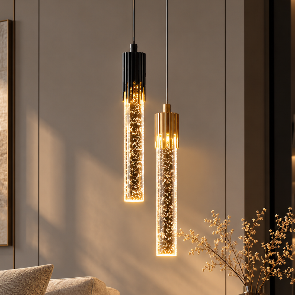 Crystal Radiance LED Bar Pendant Light two gold crystal LED bar pendants glowing