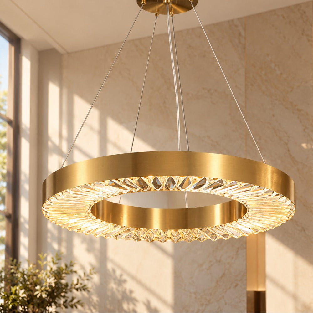 Crystal Ring Gold Frame Chandelier Lamp gold ring with crystals in a sunlit room
