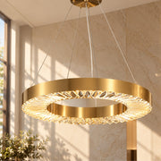 Crystal Ring Gold Frame Chandelier Lamp gold ring with crystals in a sunlit room