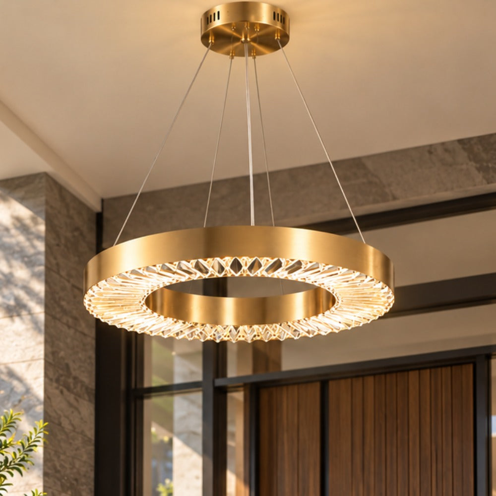 Crystal Ring Gold Frame Chandelier Lamp over a living room