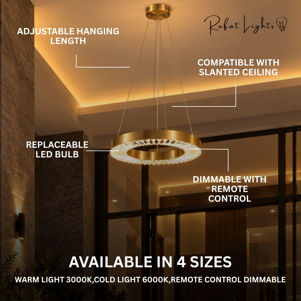 Crystal Ring Gold Frame Chandelier Lamp features: adjustable hanging length, compatible with slanted ceiling, replaceable LED bulb, dimmable with remote control, available in 4 sizes