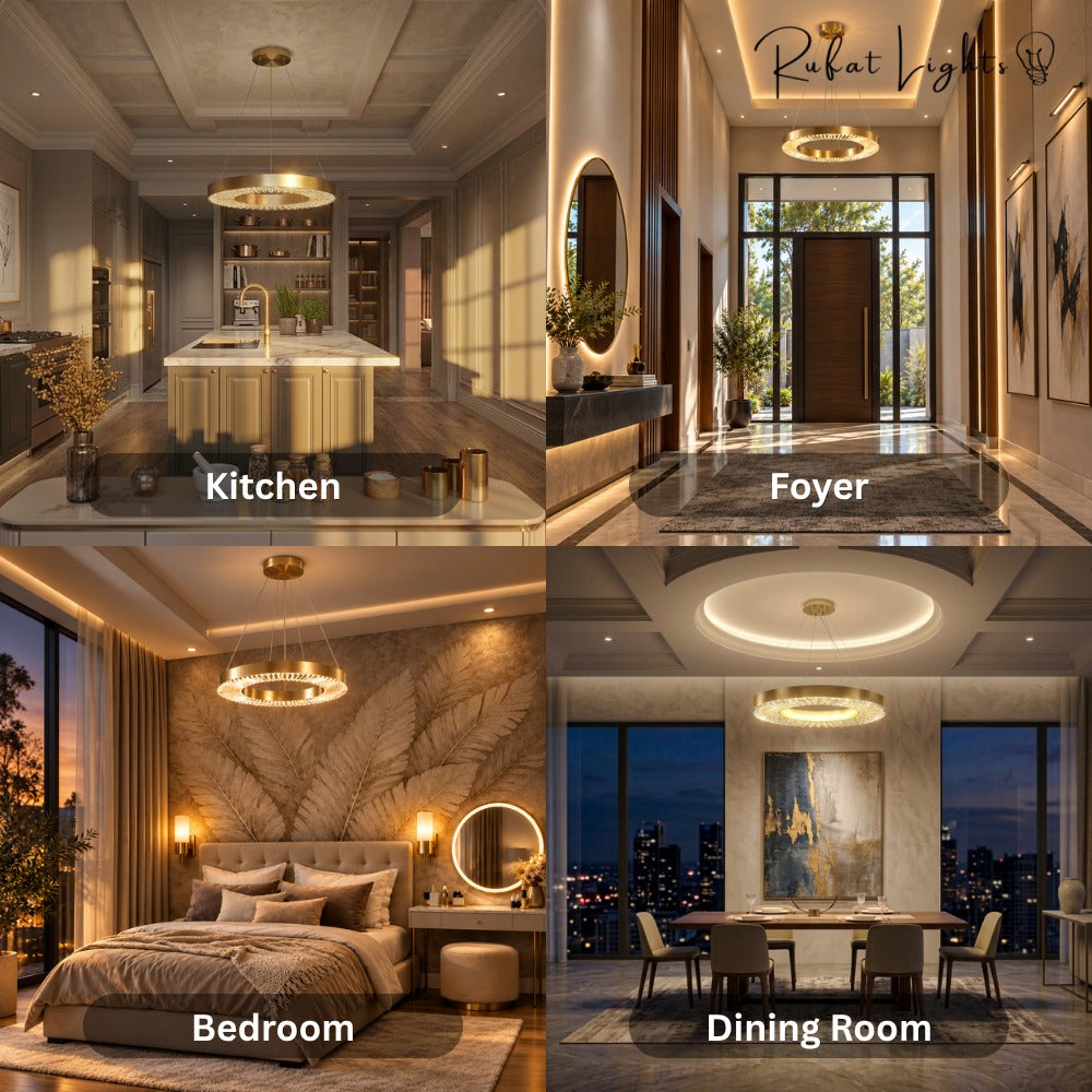 Crystal Ring Gold Frame Chandelier Lamp shown in a kitchen, foyer, bedroom and dining room