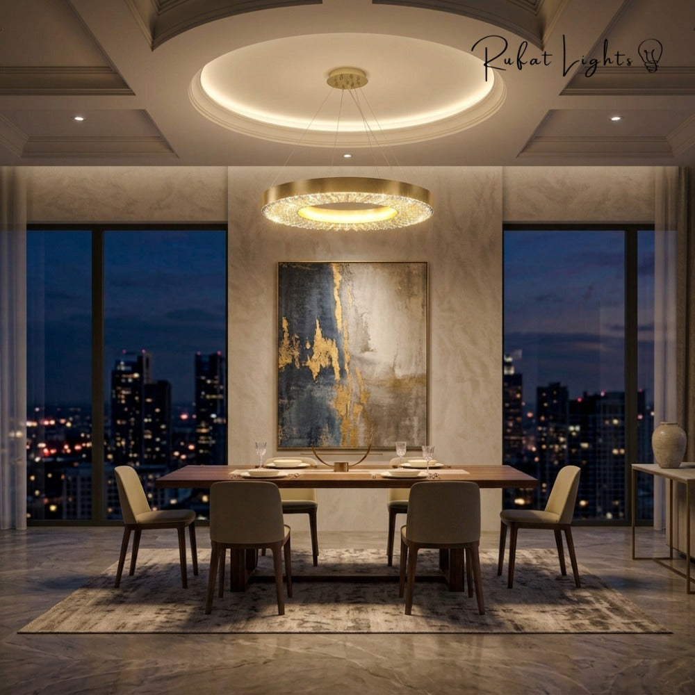 Crystal Ring Gold Frame Chandelier Lamp over a dining table at night