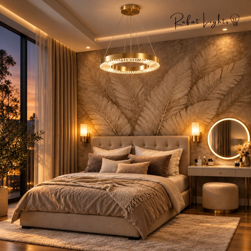 Crystal Ring Gold Frame Chandelier Lamp above a bed