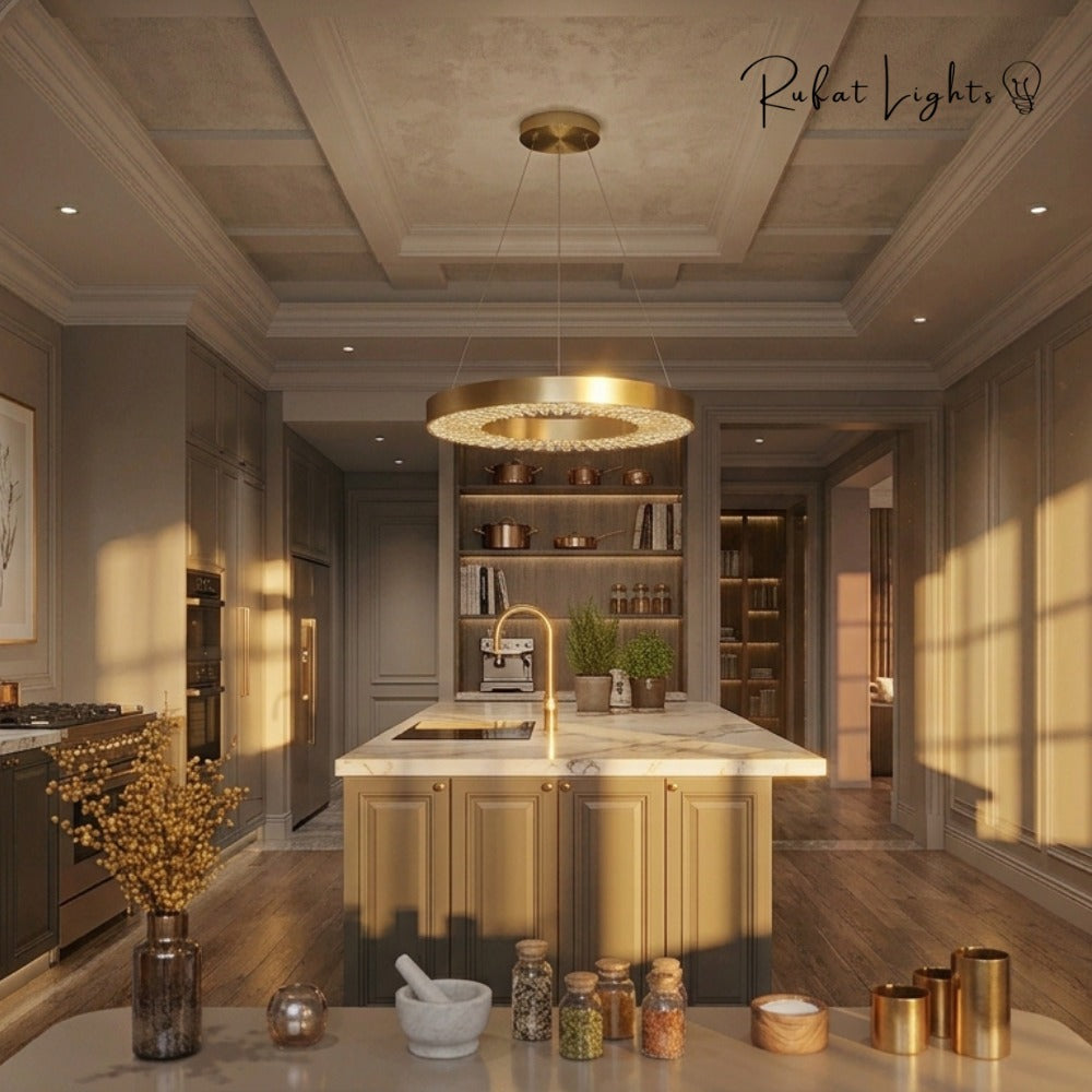 Crystal Ring Gold Frame Chandelier Lamp over a kitchen island