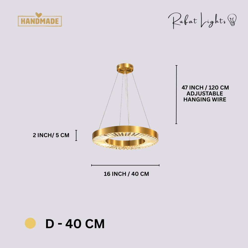 Crystal Ring Gold Frame Chandelier Lamp D-40cm dimensions: 16 in (40 cm) diameter, 2 in (5 cm) high, 47 in (120 cm) adjustable hanging wire