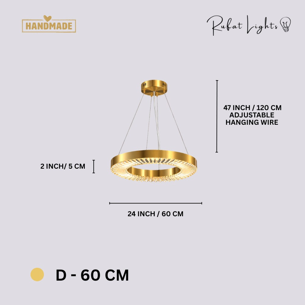 Crystal Ring Gold Frame Chandelier Lamp D-60cm dimensions: 24 in (60 cm) diameter, 2 in (5 cm) high, 47 in (120 cm) adjustable hanging wire