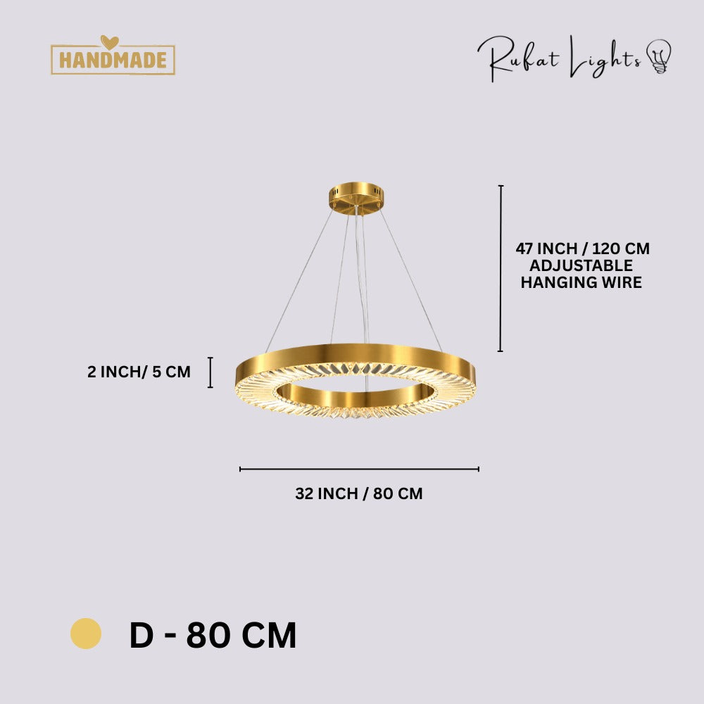 Crystal Ring Gold Frame Chandelier Lamp D-80cm dimensions: 32 in (80 cm) diameter, 2 in (5 cm) high, 47 in (120 cm) adjustable hanging wire