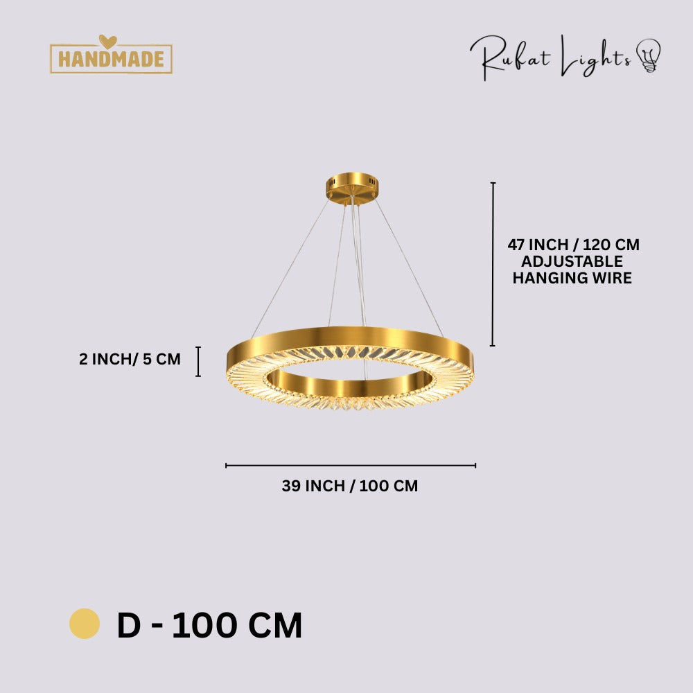 Crystal Ring Gold Frame Chandelier Lamp D-100cm dimensions: 39 in (100 cm) diameter, 2 in (5 cm) high, 47 in (120 cm) adjustable hanging wire