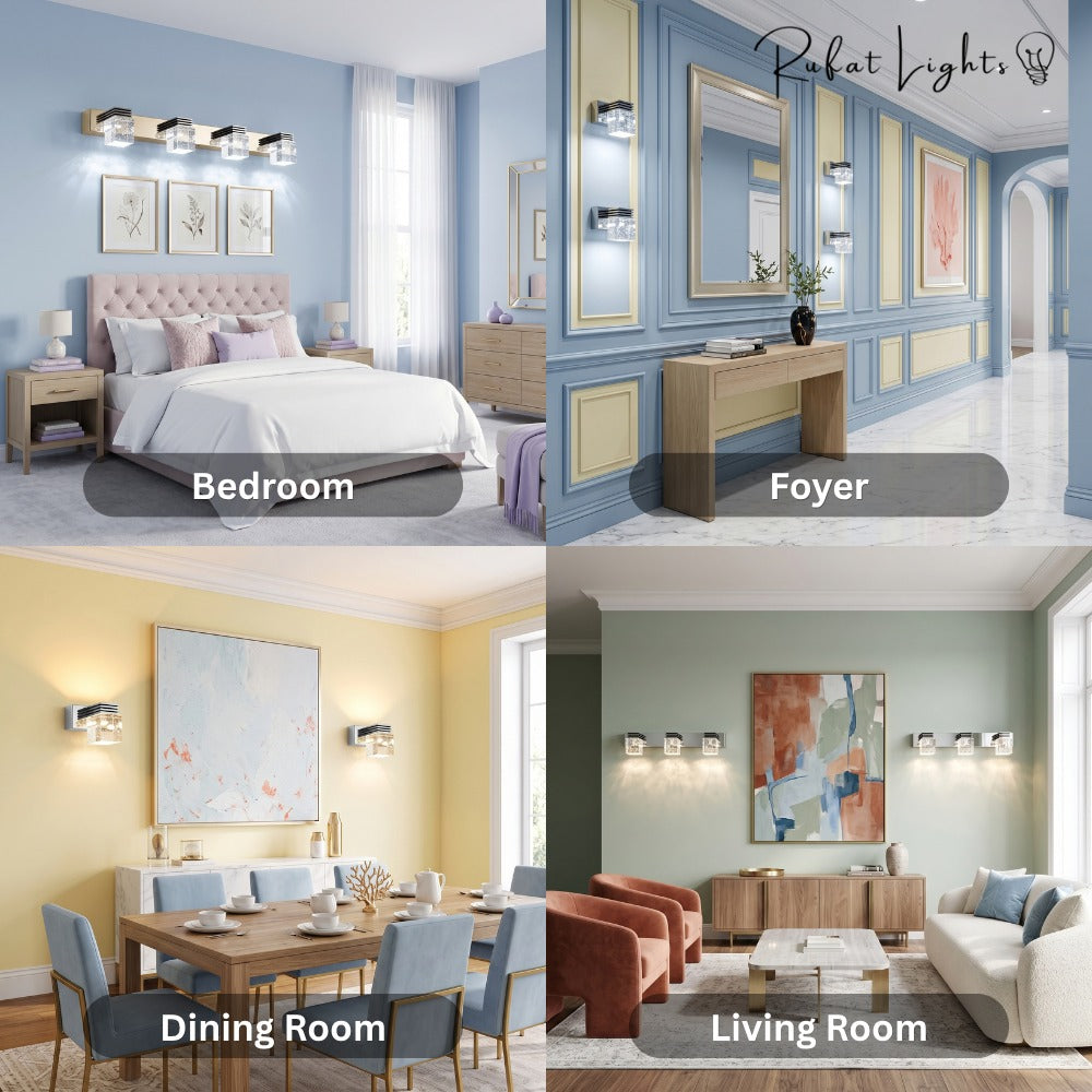 Crystal Sconce LED Wall Lamp shown in a bedroom, foyer, dining room and living room