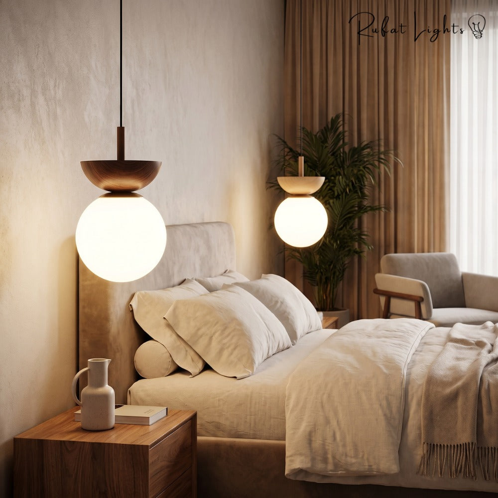 Crystal Sphere Veranda Hanging Light Fixtures pendant in dark wood beside the bed in a cozy bedroom