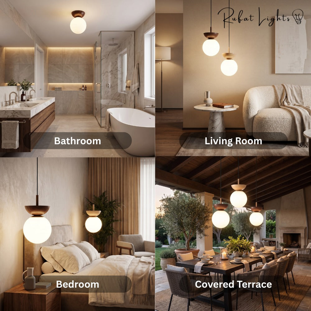 Crystal Sphere Veranda Hanging Light Fixtures shown in bathroom, living room, bedroom and covered terrace settings