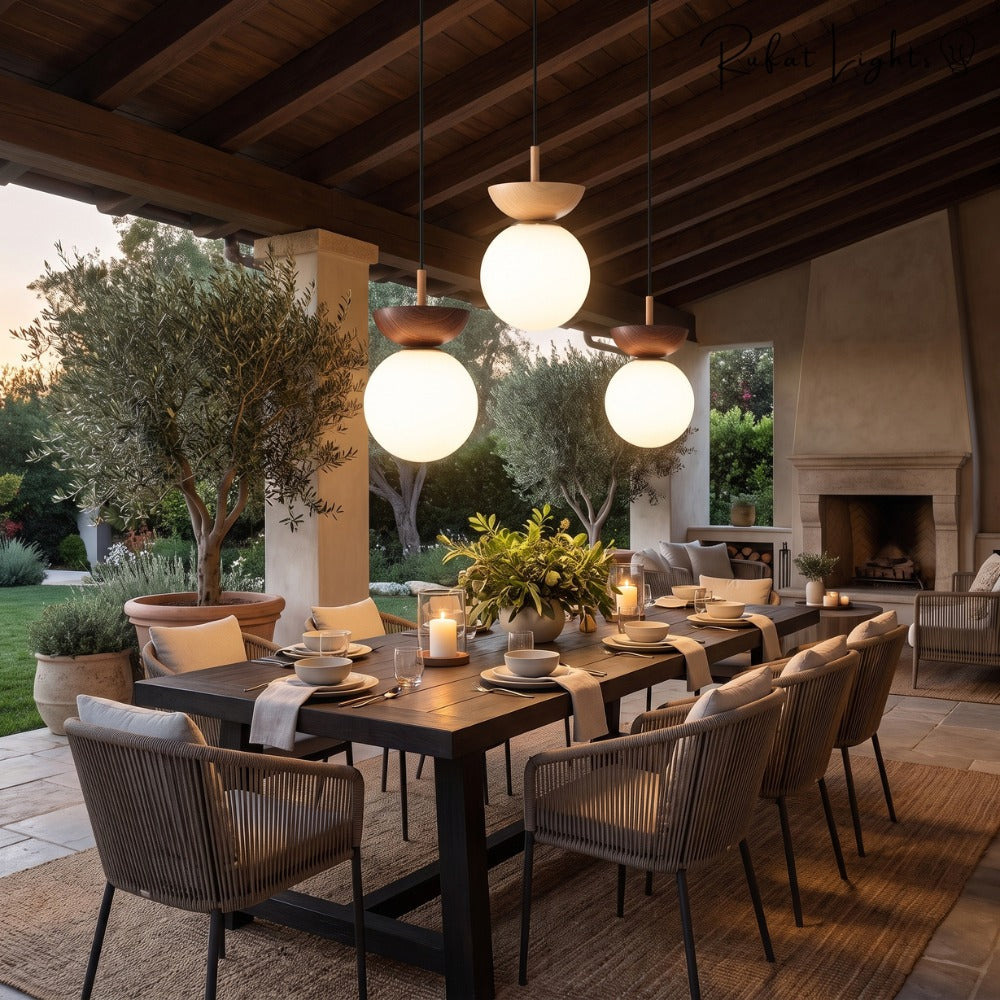Crystal Sphere Veranda Hanging Light Fixtures pendants above an outdoor dining table on a covered terrace
