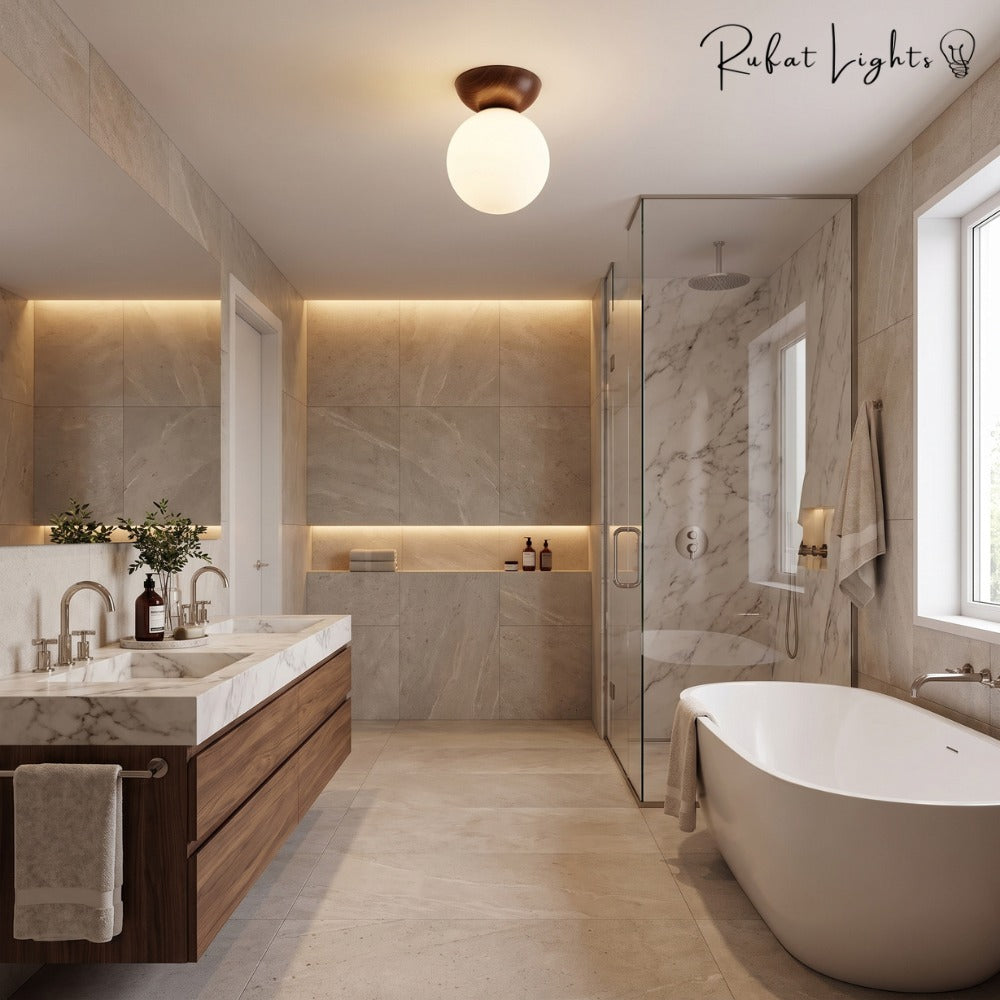 Crystal Sphere Veranda Hanging Light Fixtures ceiling light in dark wood in a modern marble bathroom