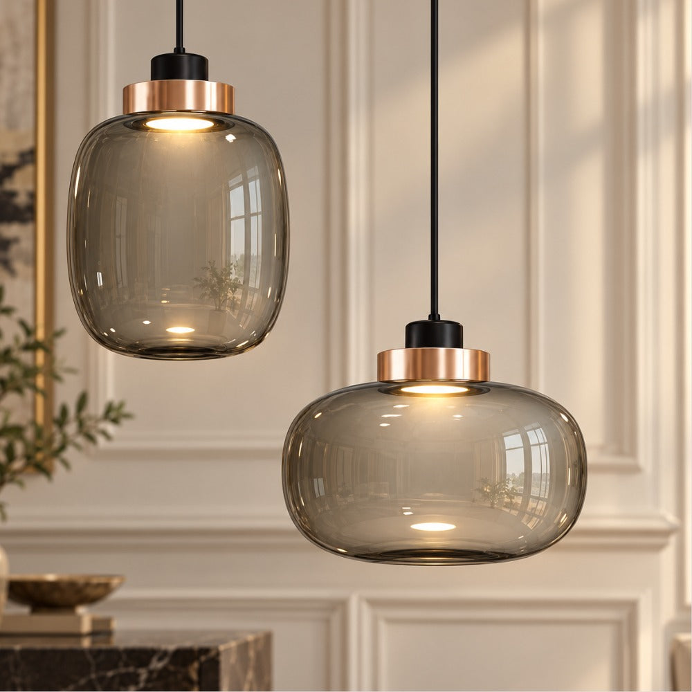 Designer Cylinder Hallow Glass Pendant Light tank and cylinder pair against a paneled wall