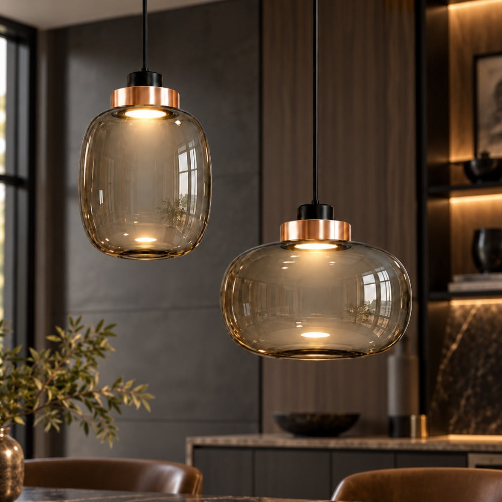 Designer Cylinder Hallow Glass Pendant Light pair in a dark living room