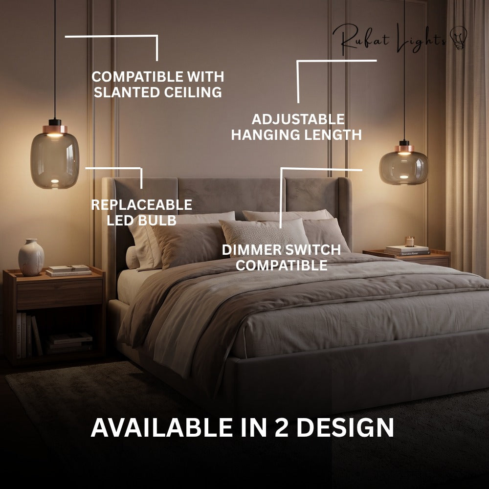 Designer Cylinder Hallow Glass Pendant Light features: compatible with slanted ceiling, adjustable hanging length, replaceable LED bulb, dimmer switch compatible, available in 2 designs